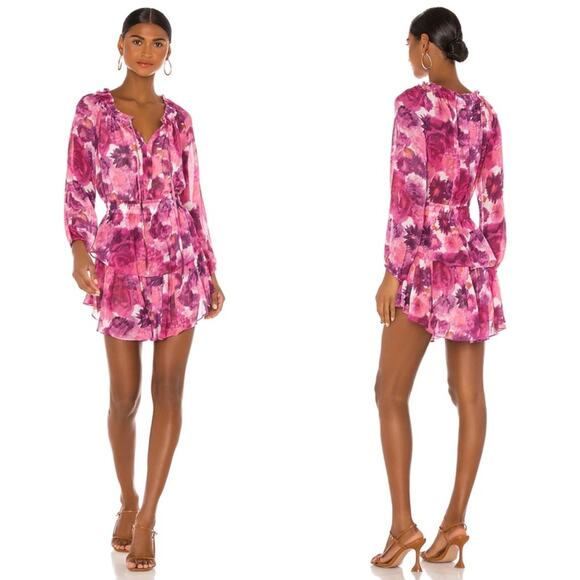 LoveShackFancy Silk Pink Smocked Waist V Neck Frill Popover Floral Mini Dress L - Picture 3 of 10